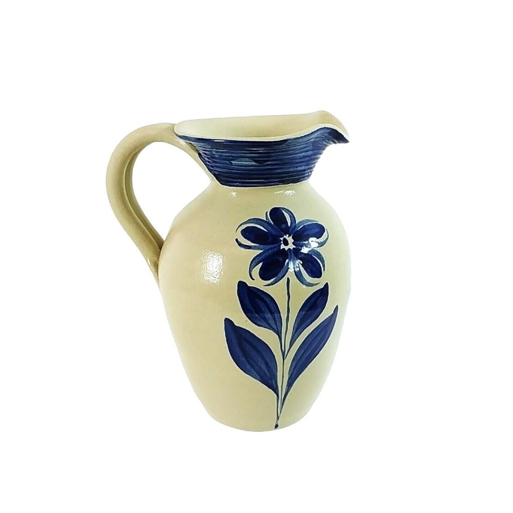 Pitcher Williamsburg Salt Glazed Pottery Blue Floral Blue Rimmed Lip WPF 2001
